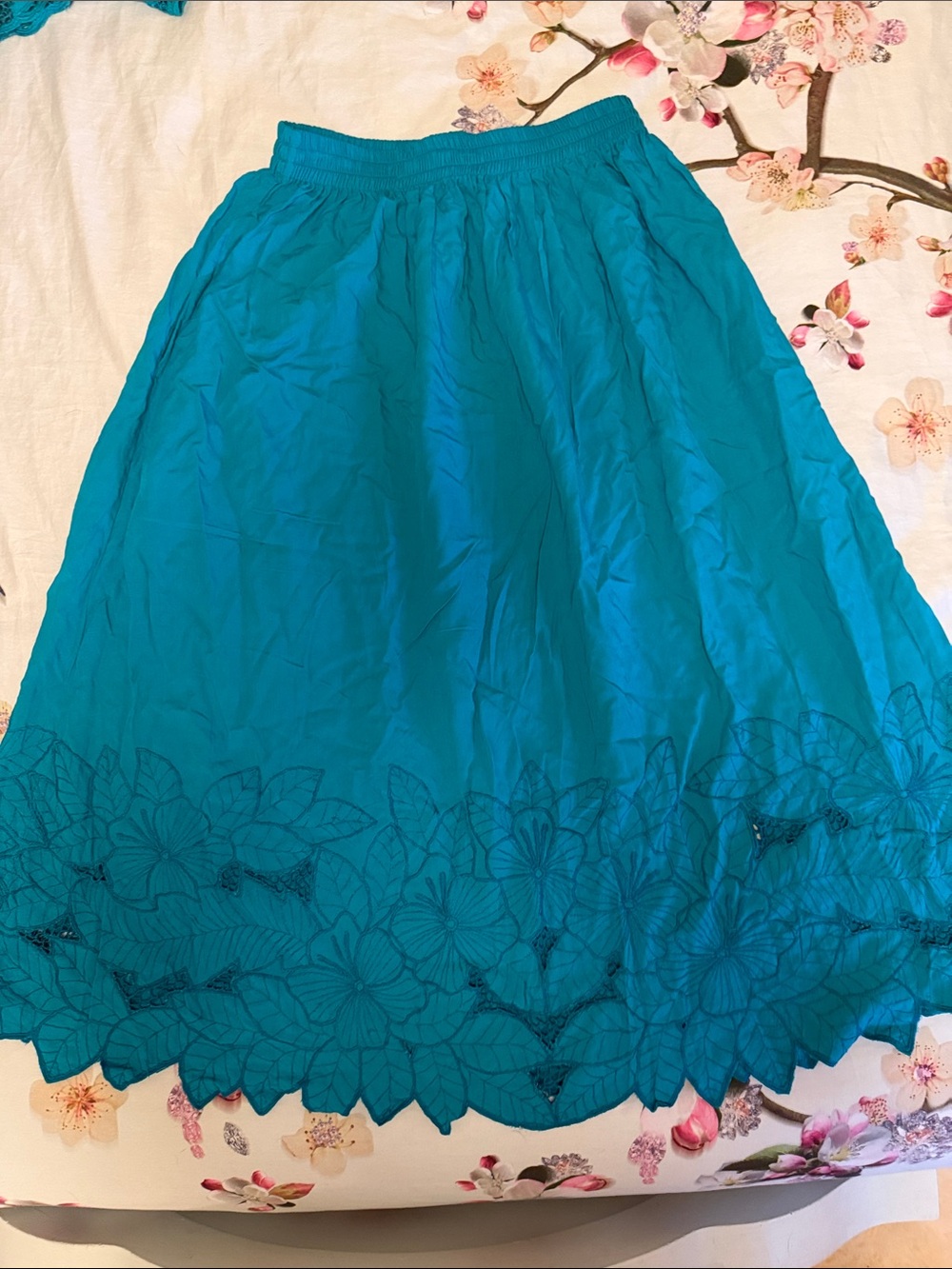 Bali vintage rayon cutwork Blue Sky Teal Skirt with Floral Hem Embroidery